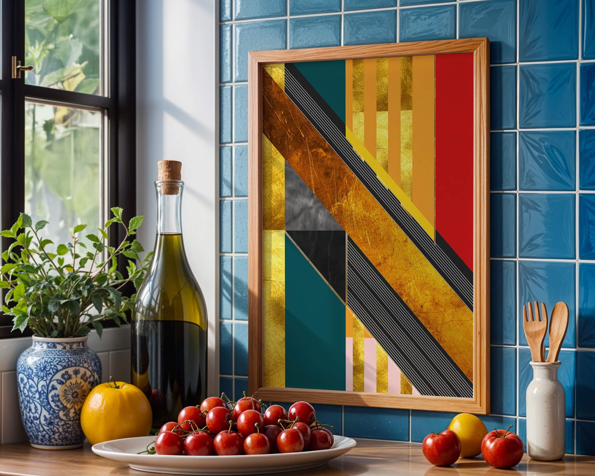 Abstract geometric design with gold accents and vibrant colors