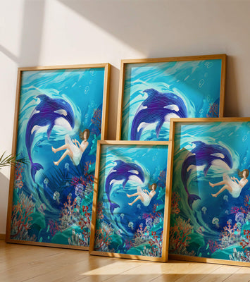 Underwater fantasy scene with a playful whale and a girl floating amidst coral and jellyfish