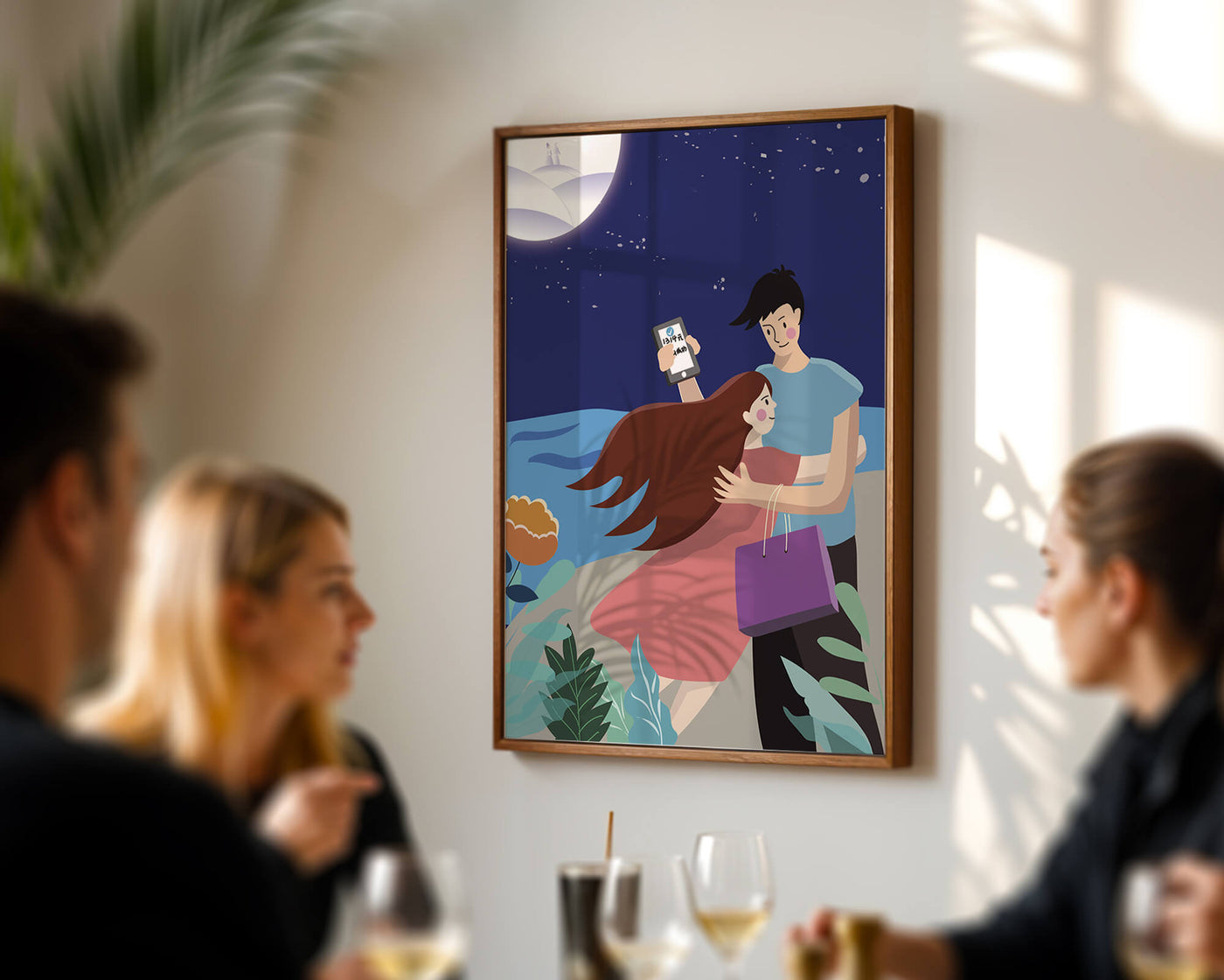 Romantic couple embracing under a moonlit night