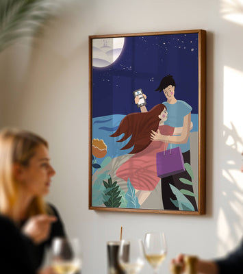 Romantic couple embracing under a moonlit night