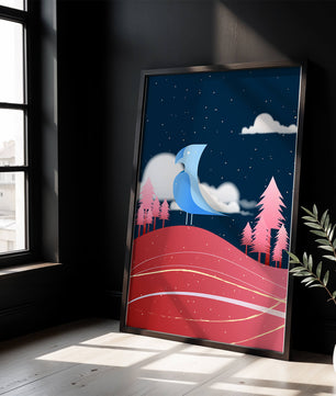 Colorful Night Scene with Blue Bird Under Starry Sky - Mi tienda
