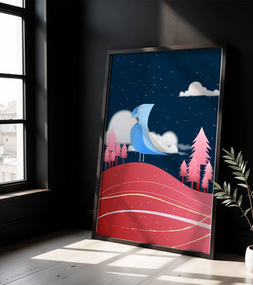 Colorful Night Scene with Blue Bird Under Starry Sky