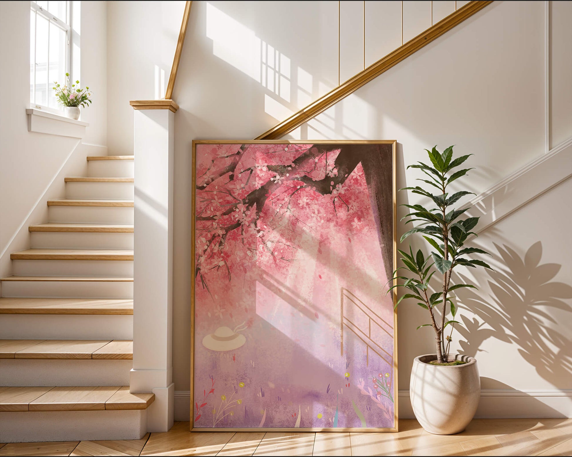 Cherry Blossom Garden with Spring Flowers and Sunlight