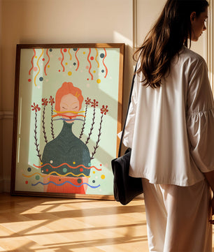 Whimsical Abstract Art of a Woman with Flowers and Streamers - Mi tienda