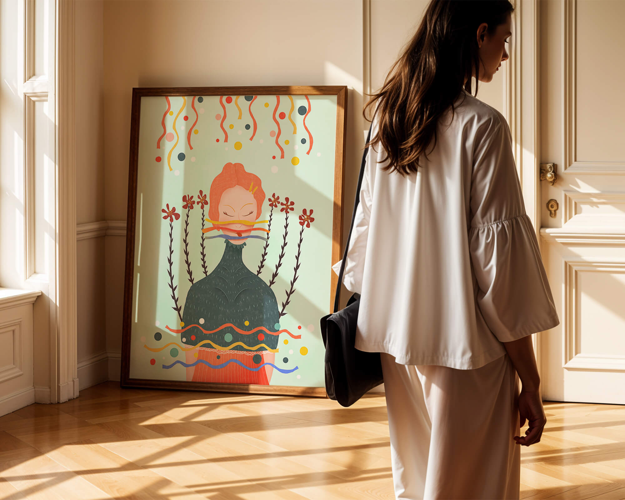 Whimsical Abstract Art of a Woman with Flowers and Streamers - Mi tienda