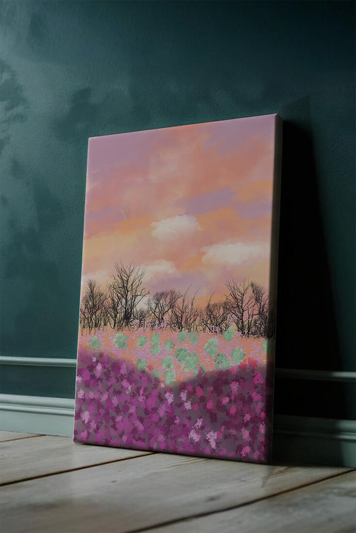 Paisaje sereno con campo floral vibrante y cielo pastel