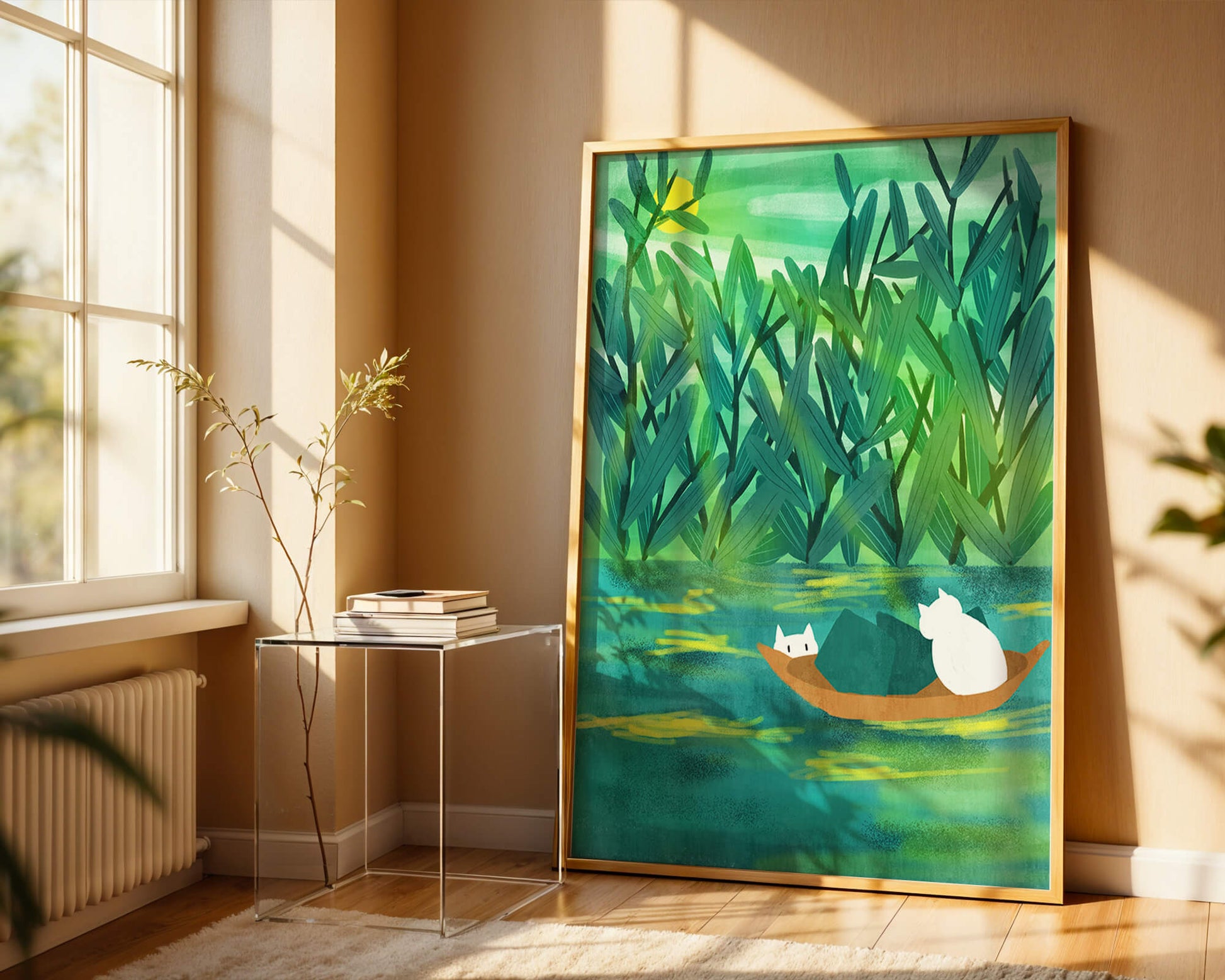 Serene landscape with cats on a boat in lush greenery