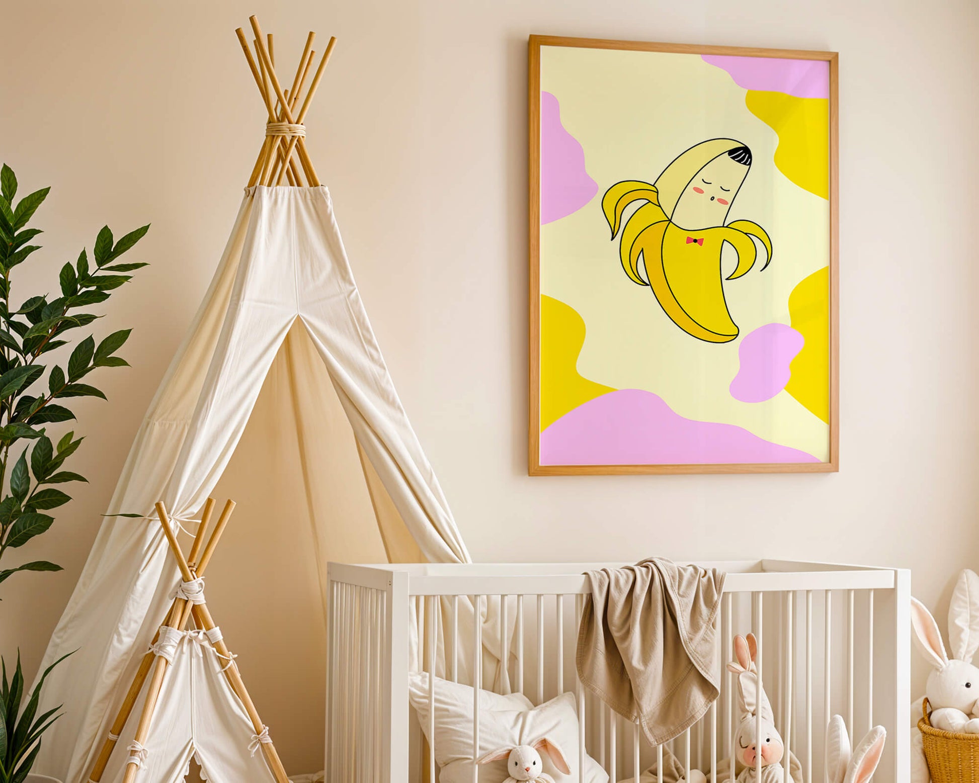 Quirky animated banana with bow tie on colorful abstract background
