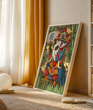 Colorful panda dressed in traditional Chinese opera costume surrounded by bamboo