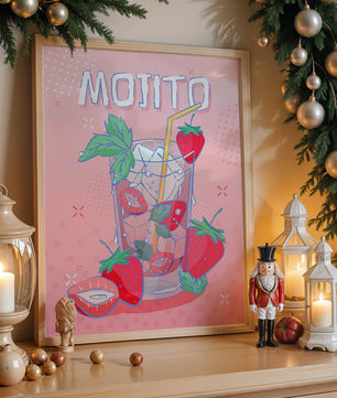 Ilustración de un mojito de fresa con fondo rosa vibrante y diseño juguetón