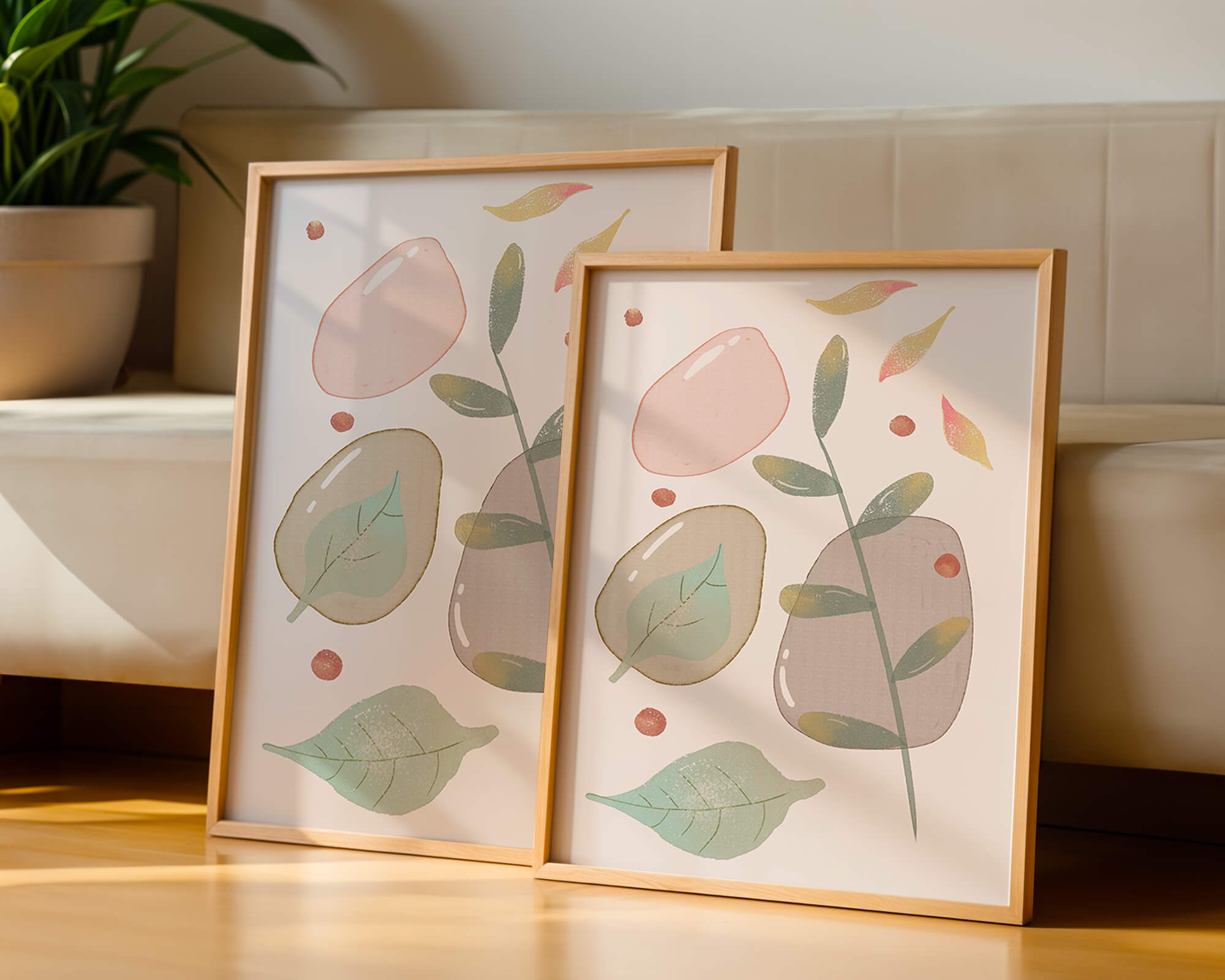 Abstract botanical illustration with pastel colored leaves and shapes