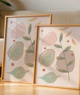 Abstract botanical illustration with pastel colored leaves and shapes