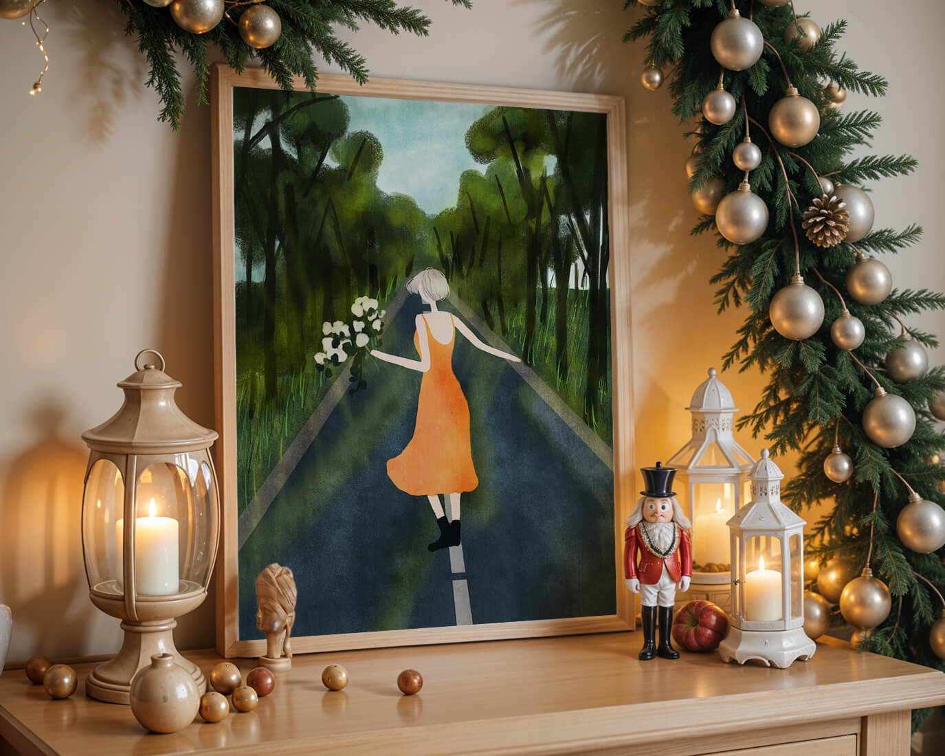 Woman in Orange Dress Walking on Road with Flowers in Forest