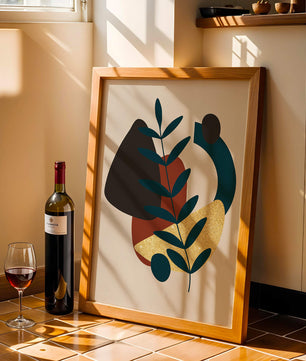 Abstract Botanical Composition with Geometric Shapes and Gold Accent - Mi tienda