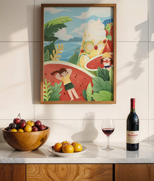 Paysage estival coloré avec des fruits tropicaux et des enfants qui se détendent