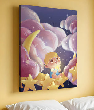 Escena encantadora del cielo nocturno para niños con un niño en una luna creciente
