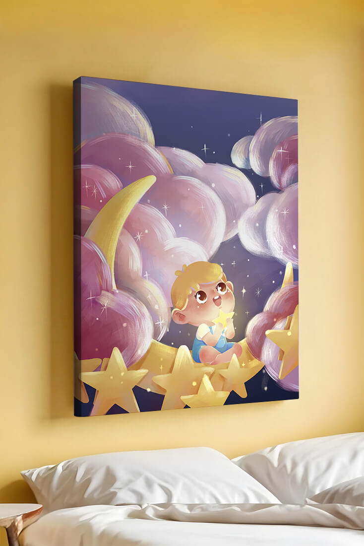 Escena encantadora del cielo nocturno para niños con un niño en una luna creciente