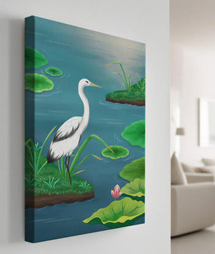 Serene wetland scene with white crane and water lilies