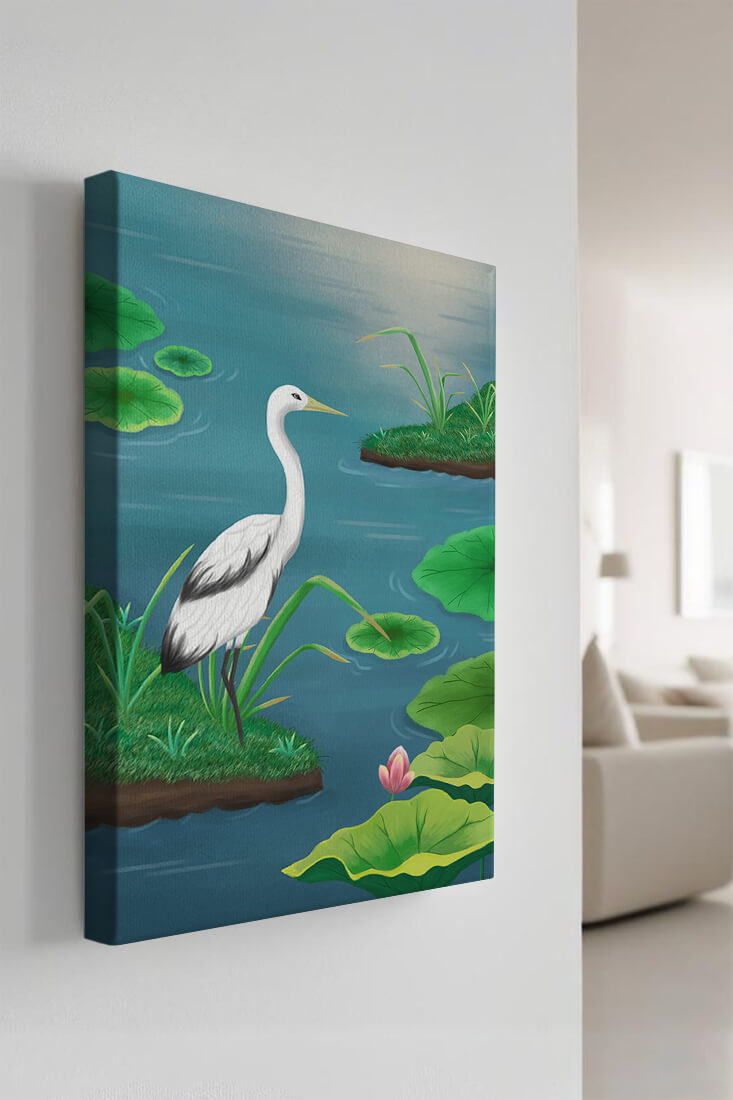 Serene wetland scene with white crane and water lilies