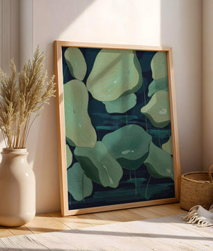 Green lily pads on a dark water background illustration