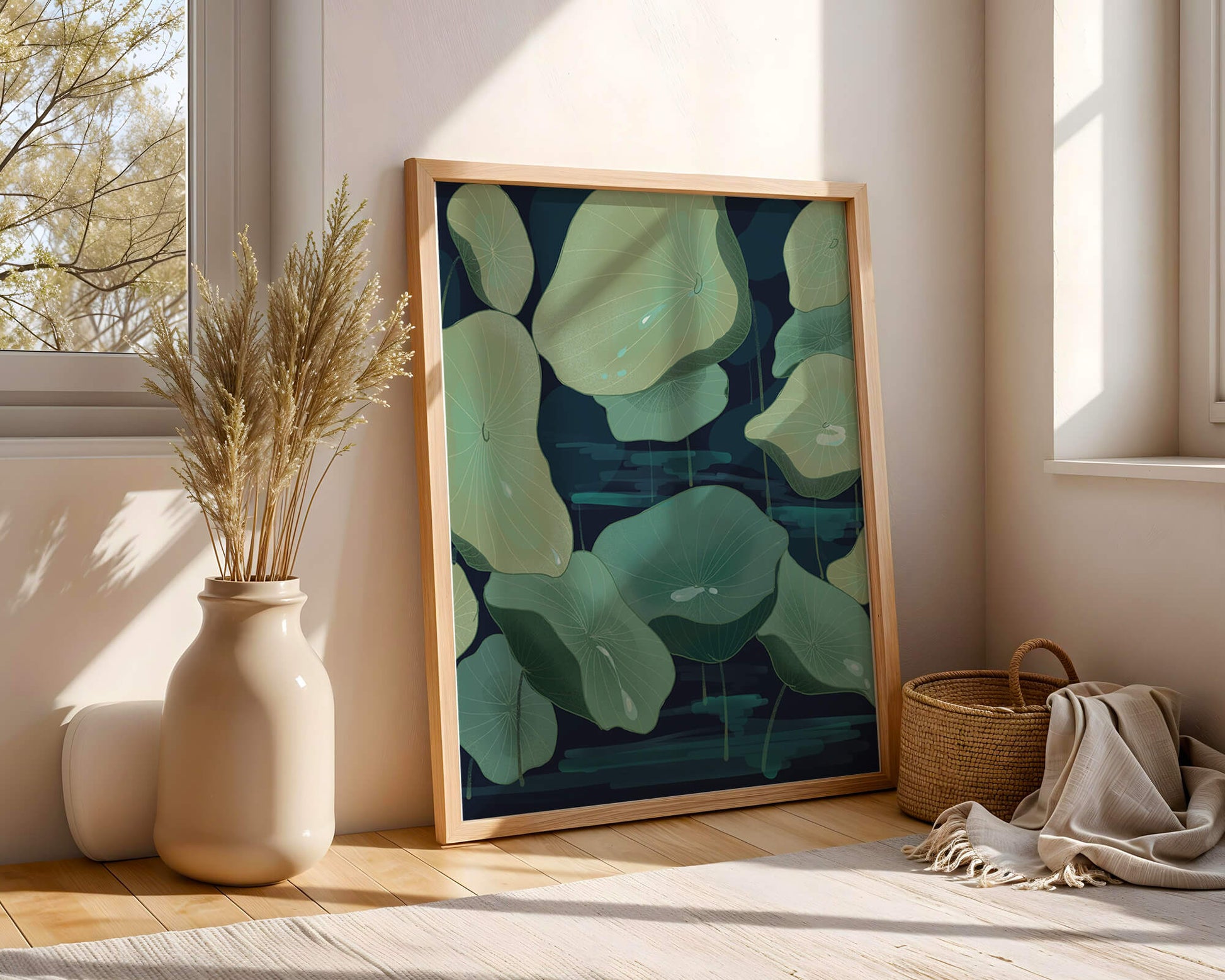 Green lily pads on a dark water background illustration