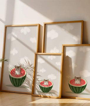 Whimsical art of a kitten in watermelon with clouds
