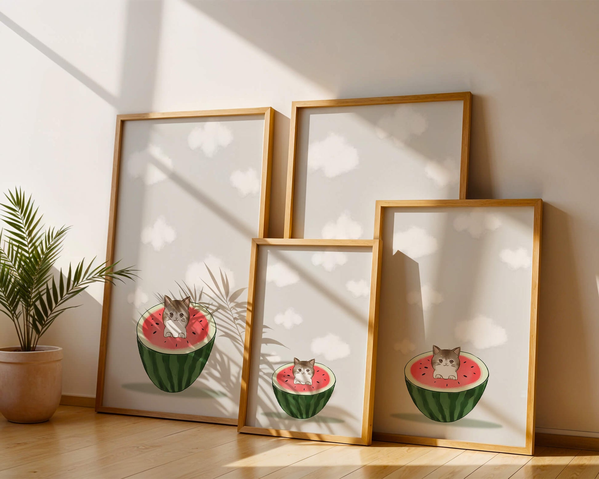 Whimsical art of a kitten in watermelon with clouds