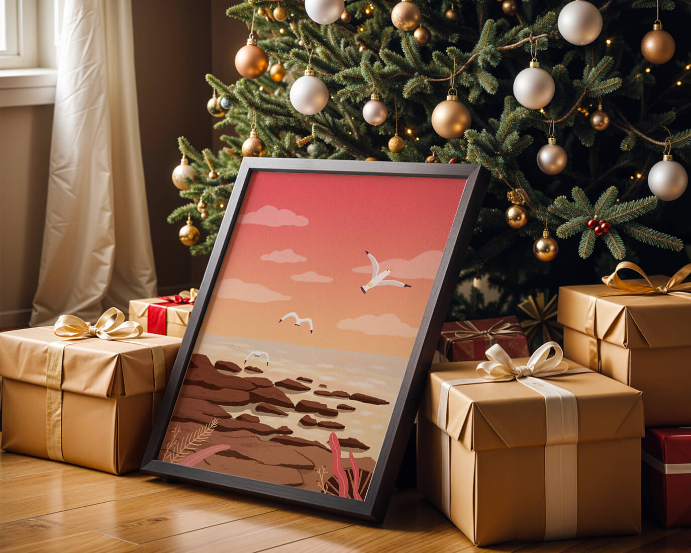 Seagulls flying over rocky coastline at sunset