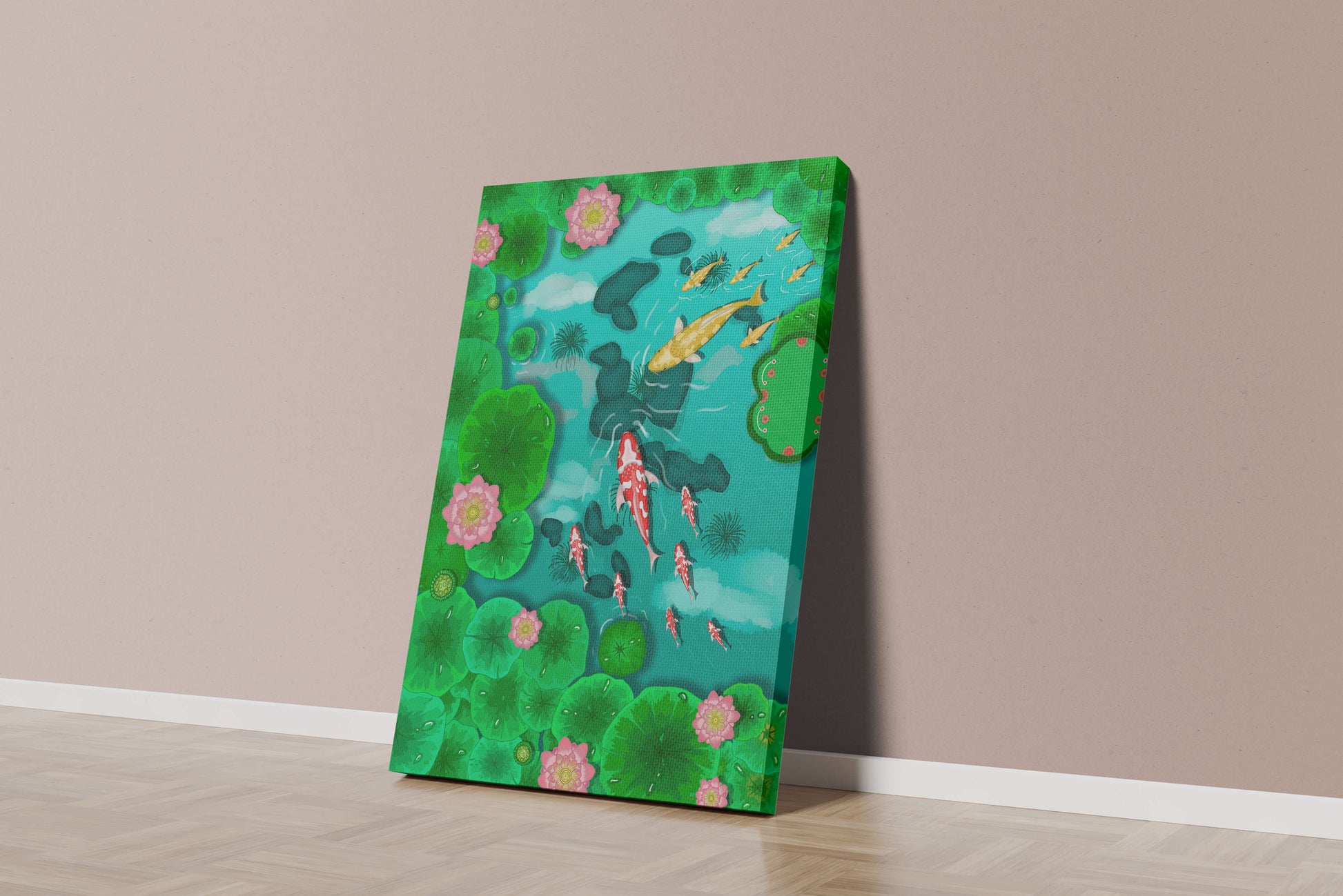 Étang à carpes koï vibrant avec des fleurs de lotus et des nénuphars verts