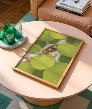 Person in boat among lush green lily pads