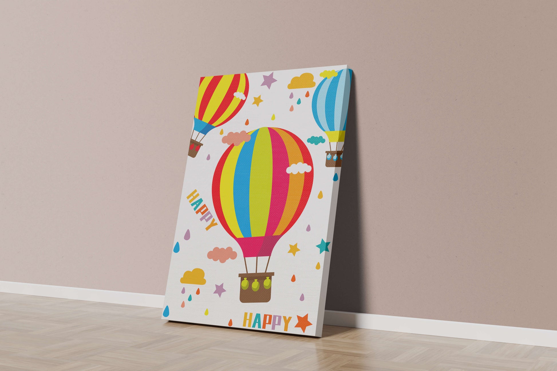 Colorful hot air balloons and happy clouds illustration