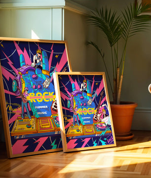 Ilustración temática vibrante de música rock con instrumentos y artistas