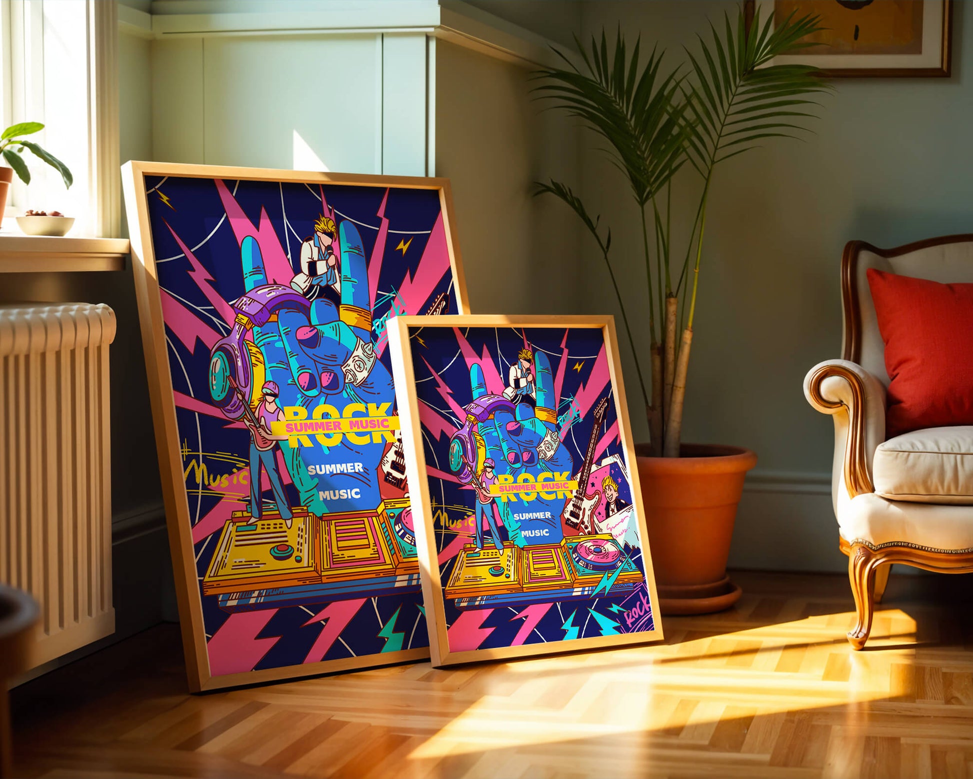 Ilustración temática vibrante de música rock con instrumentos y artistas