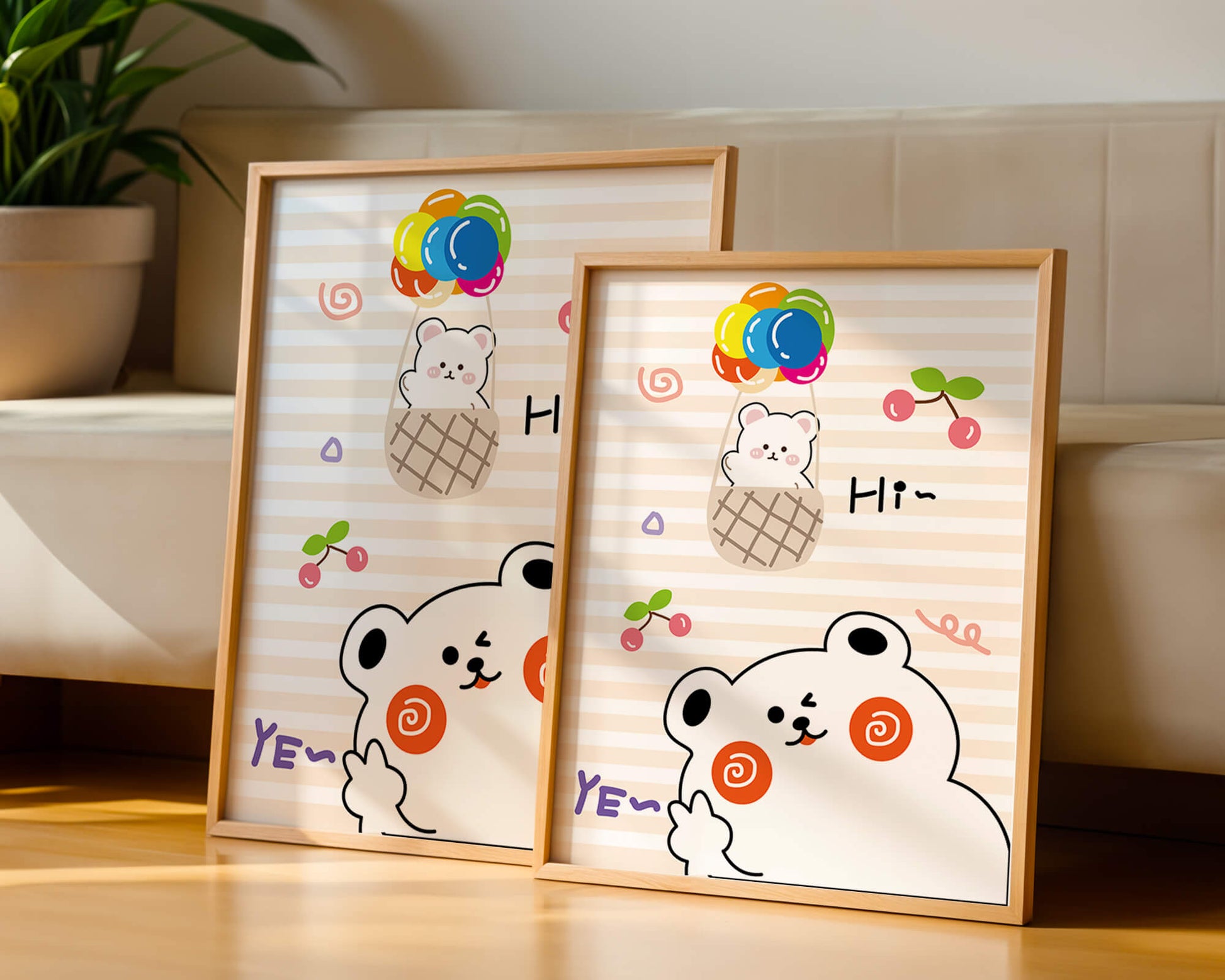 Adorable bears with colorful balloons and cherries on striped background
