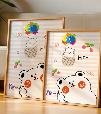 Adorable bears with colorful balloons and cherries on striped background