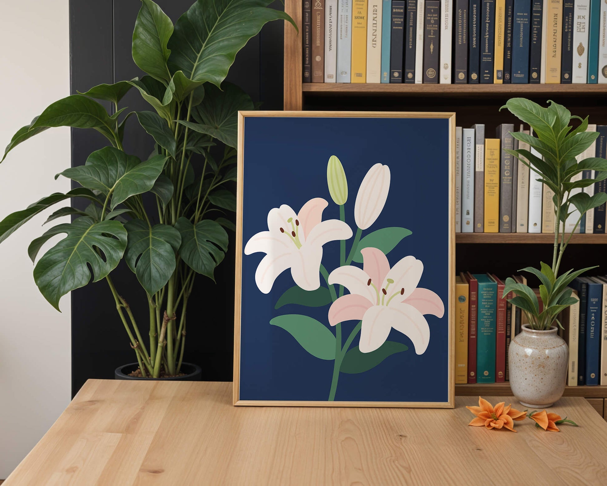 Lirios elegantes sobre un fondo azul oscuro