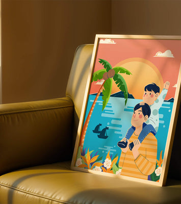 Father and son enjoying a tropical sunset with palm trees and boats