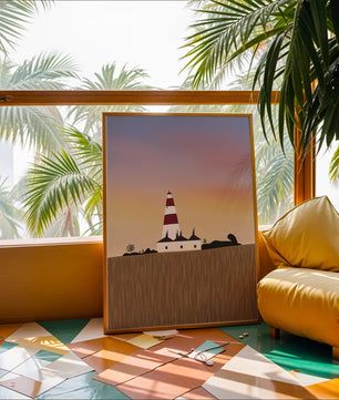 Lighthouse at Dusk with Colorful Sky and Field Landscape
