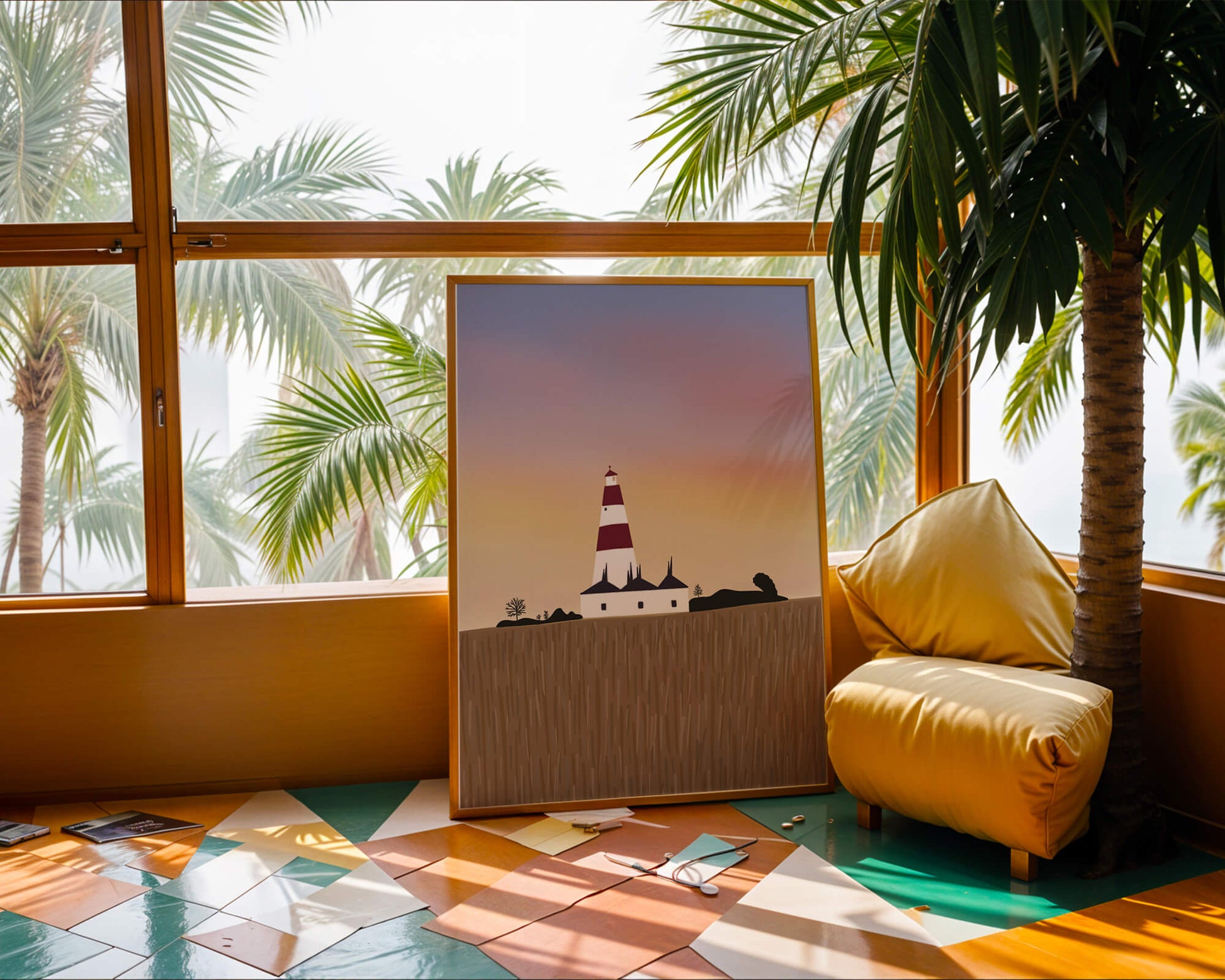 Lighthouse at Dusk with Colorful Sky and Field Landscape