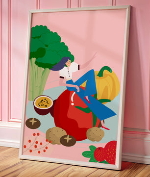 Ilustración de una mujer rodeada de vegetales y frutas vibrantes