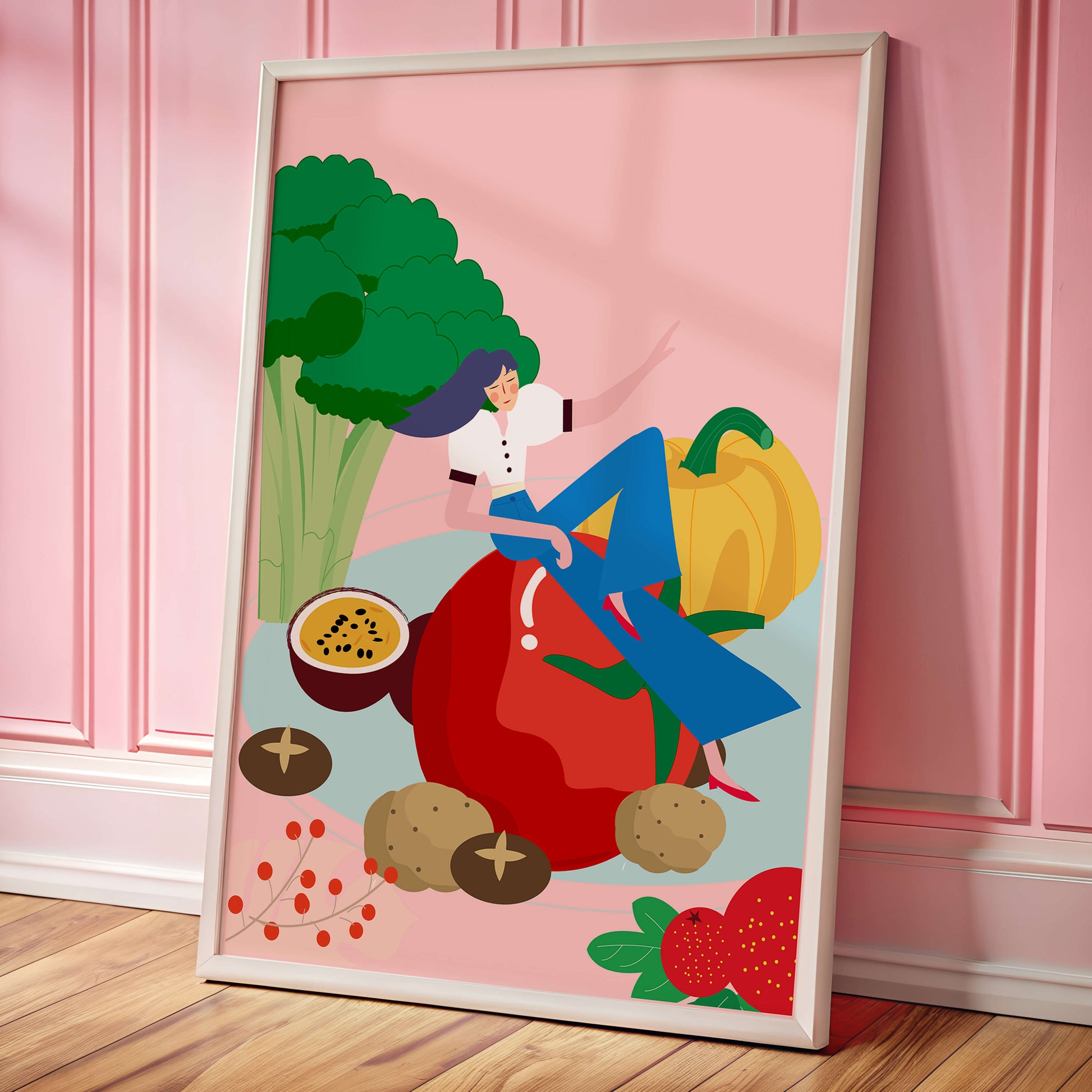 Ilustración de una mujer rodeada de verduras y frutas vibrantes.