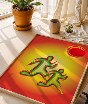 Abstract colorful figures under a vibrant sun with warm tones