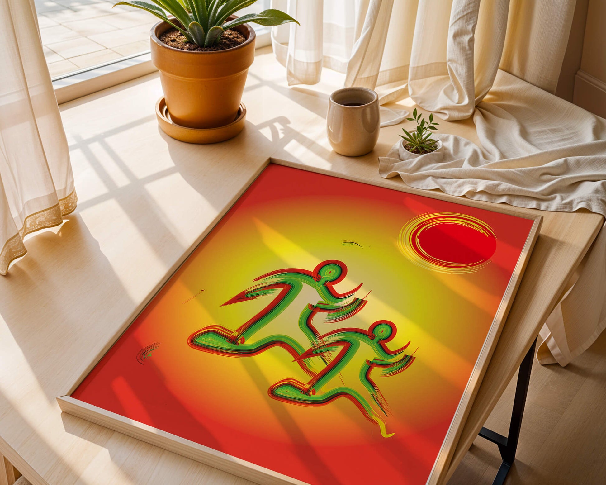 Abstract colorful figures under a vibrant sun with warm tones