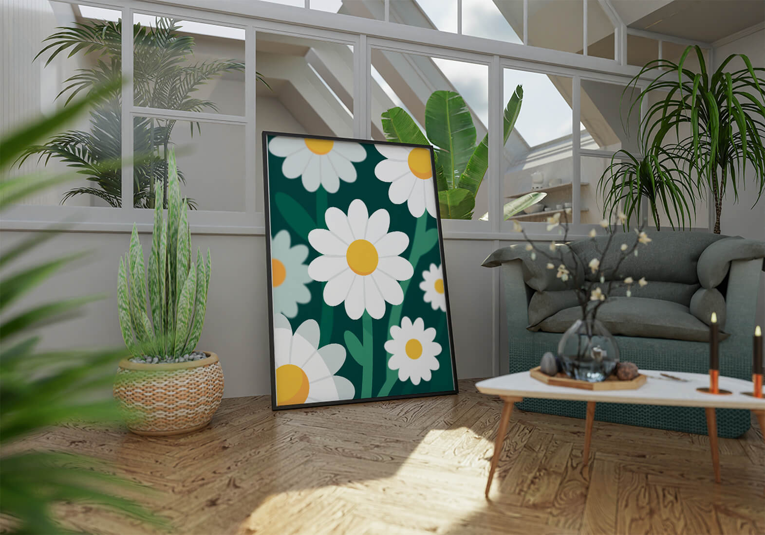 Margaritas sobre fondo verde oscuro con diseño abstracto