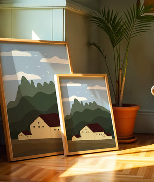 Paisaje minimalista de montaña con casas y pájaros en el cielo