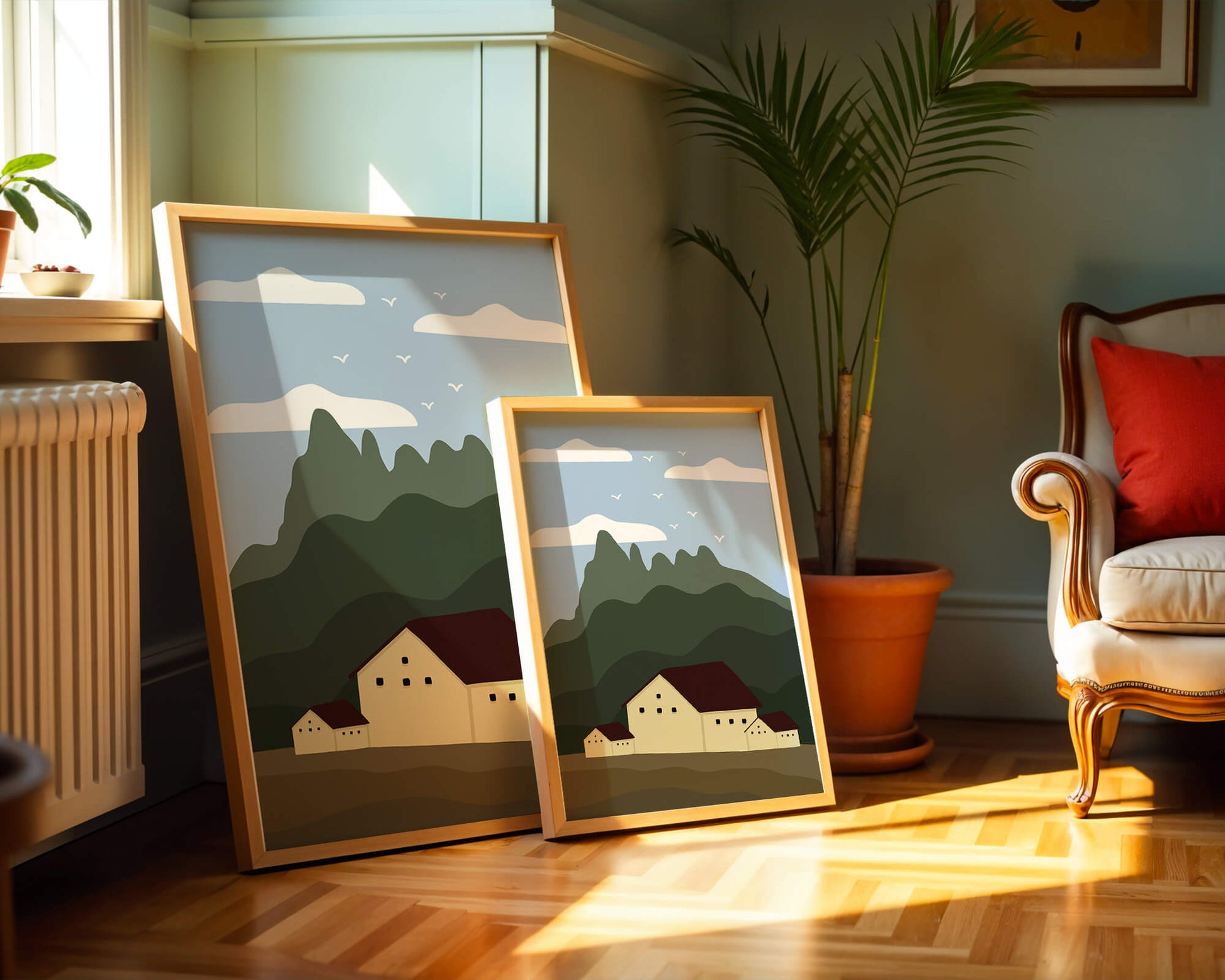 Paisaje minimalista de montaña con casas y pájaros en el cielo