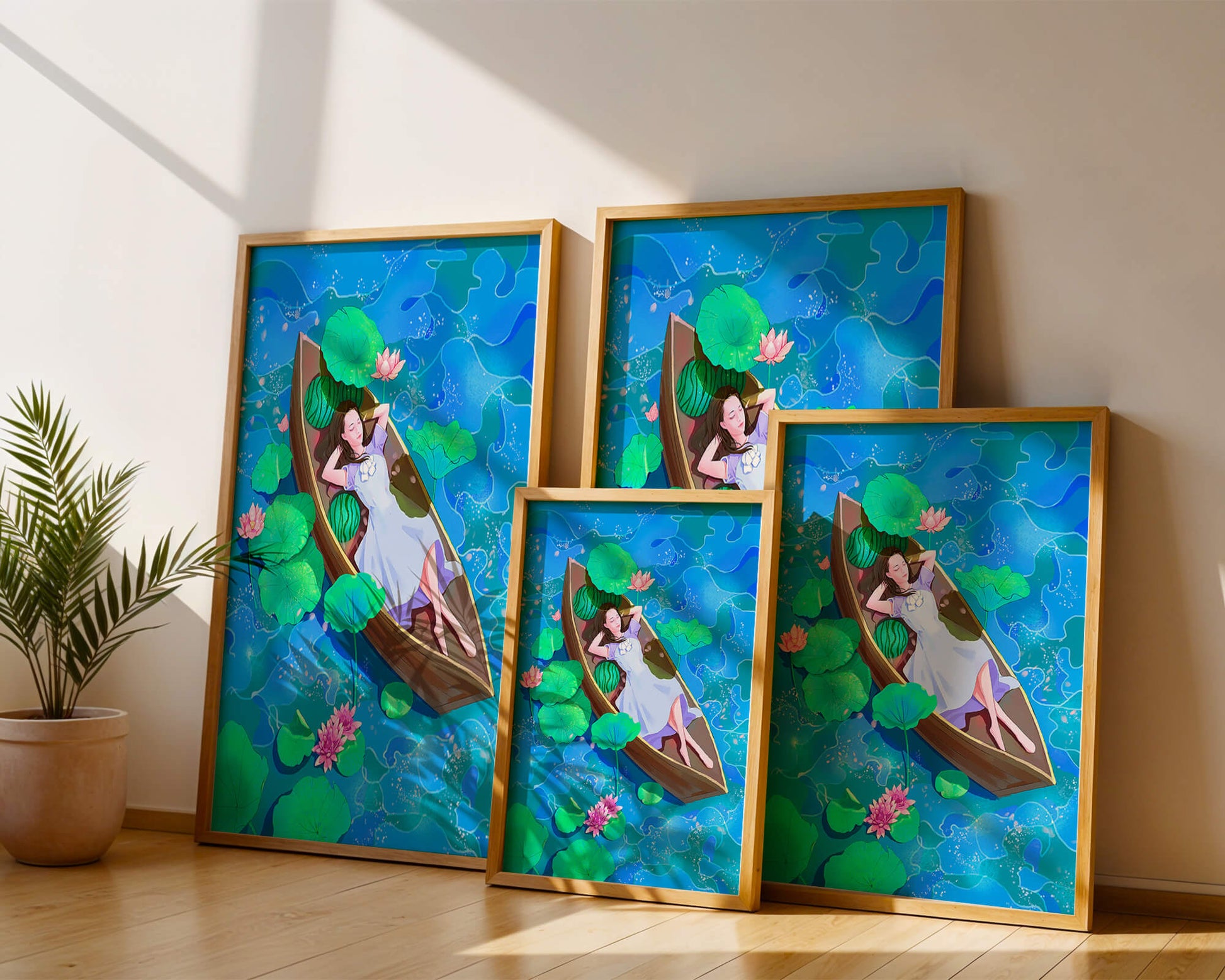 Serene illustration of a girl relaxing in a boat surrounded by lotus leaves and flowers