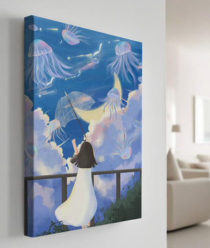 Young girl with umbrella watching surreal jellyfish sky