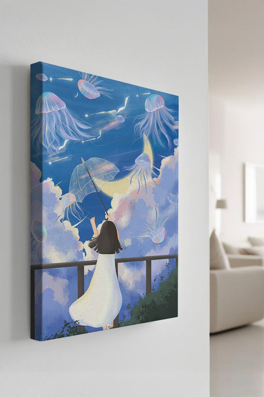 Young girl with umbrella watching surreal jellyfish sky