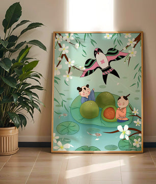 Children Playing on Lotus Leaves with Kite and Cherry Blossoms